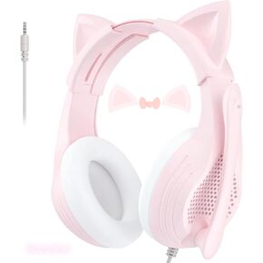 Pink Gaming Headset with Microphone for PC/PS4/PS5/Xbox/Laptop, Stereo Surround Sound, Wired Over Ear Headphones with Mic, Cat Ears, Soft Ear Pads, Noise Cancelling for Girls, Teens, Women