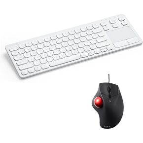 SANWA TB39 Wired Trackball Mouse and 3-Device Bluetooth Touchpad Keyboard Set, Programmable Silent Click Rollerball Mouse, 600-1600 DPI, Rechargeable Keyboard, Compatible with Mac, Windows, Android