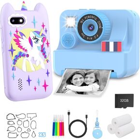 Purple Kids Phone and Blue Kids Camera Instant Print