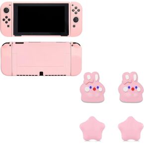 Switch OLED Protective Case with Cute Thumb Grips Caps Pink