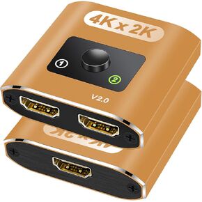 HDMI Switch Splitter 4K@60Hz, Aluminum Bi-Directional HDMI 2.0 Switcher, HDMI Switch 1 in 2 Out/ 2 in 1 Out, Support 4K 3D HDR for Xbox, PS5/4/3, Fire Stick, Roku, HDTV, Projector, Computer (Gold)