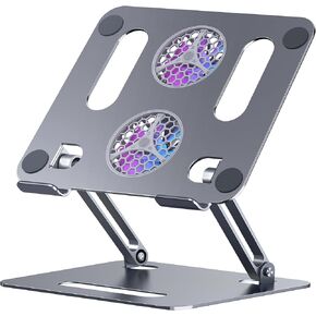 Adjustable Laptop Stand with RGB Cooling Fan-Ergonomic Aluminum Alloy Notebook Holder for Desk & Office-Portable & Foldable Stand Compatible with MacBook, ASUS, Dell, Lenovo,10-16 inch（Grey）