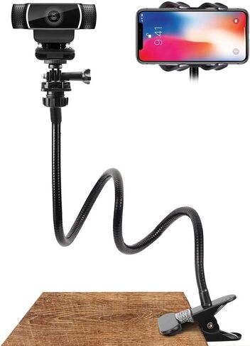 Cell Phone Stand Webcam Stand Phone Holder with Universal 1/4 Inch Screws Flexible Arm 360 Desk Bed Gooseneck Mount Stand for Cell Phone (Black) in Saudi Arabia