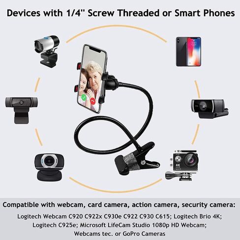 Cell Phone Stand Webcam Stand Phone Holder with Universal 1/4 Inch Screws Flexible Arm 360 Desk Bed Gooseneck Mount Stand for Cell Phone (Black) in Saudi Arabia