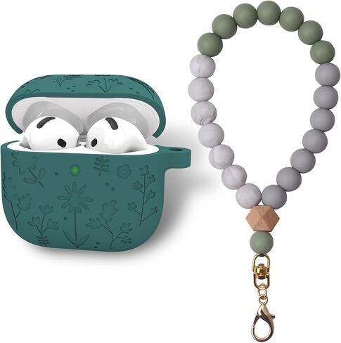 يتوافق السيليكون المتوافق مع غطاء AirPods 4 مع حزام معصم السيليكون ، زهرة لطيفة محفورة مقاومة للصدمات مع المعصم لـ AirPods 4 Case 2024 in Kuwait