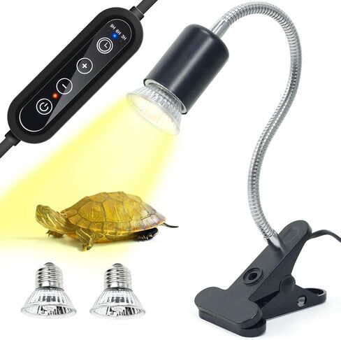 Timed Heat Lamp with Dual 50W UVB UVA Bulbs for Reptiles, Turtles, Tortoises, and Puppies: Adjustable Heat Switch, 360° Adjustable Angle, Strong Clips, Ideal for Aquarium Tanks and Basking in Kuwait