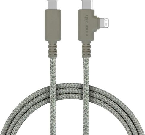 Smartish 2 in 1 USB C to USB C/Lightning Cable - Crown Joule - 6 Ft Fabric Wrapped Fast Charging Cord - for iPhone, Galaxy, Pixel - 100W Dual Fast Charger for Phones/Laptops - Lightly Toasted Beige in Kuwait