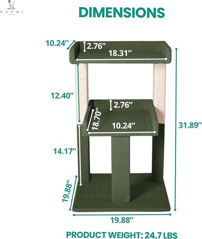 Naomi Home Nala Cat Tree for Large Cats, Cat Activity with Scratching Post, Cat Tower for Large Cats, 3 Level Cat Play Perch, Cat Climbing Tower, Cat Tree for Indoor Cats Multi-Level Cat, Green in Kuwait