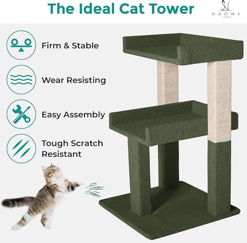 Naomi Home Nala Cat Tree for Large Cats, Cat Activity with Scratching Post, Cat Tower for Large Cats, 3 Level Cat Play Perch, Cat Climbing Tower, Cat Tree for Indoor Cats Multi-Level Cat, Green in Kuwait