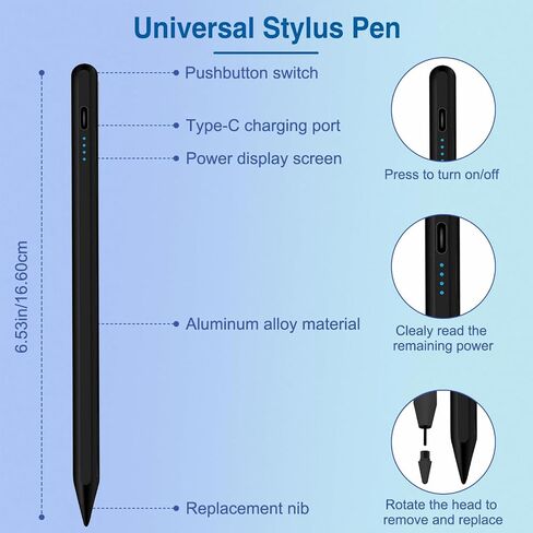 Active Stylus Pens for Touch Screens Rechargeable Tablet Pen Tip Magnetic Pencil Stylus Pen for iOS/Android/Tablet/Phones/iPad pro/Mini/Air and Other Smartphone Device (Black) in Saudi Arabia