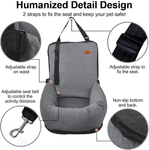 Dog Car Seat for Small Medium Dogs Up to 40lbs, Detachable Washable Soft Pet Booster Travel Bed for Front & Black Seat with Safety Leash Belt in Kuwait