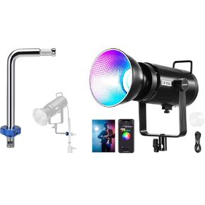 NEEWER CB300C 300W RGB LED Video Light with Reflector, APP/2.4G Control and UA046 5/8" Baby Pin Stud Right Angle Grip Arm, COB Continuous Output Lighting Dimmable for Studio