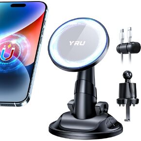 YRU Magnetic Phone Holder for Car, Strongest Magnet Cellphone Mount for MagSafe Car Mount, 360 Adjustable Dashboard Windshield Air Vent Cradle for iPhone 16 15 14 13 12 Pro Max Plus Mini, Light Grey