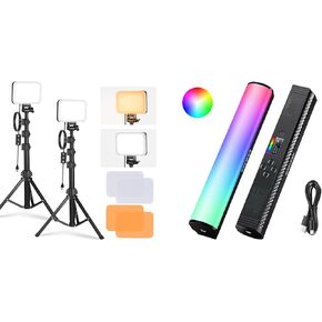 NEEWER BP66 Basic LED Video Light Panel Lighting Kit, 2 Pack Bi Color Dimmable Portable Studio Lights with TL20C RGB Light Wand, Magnetic Handheld for Photography