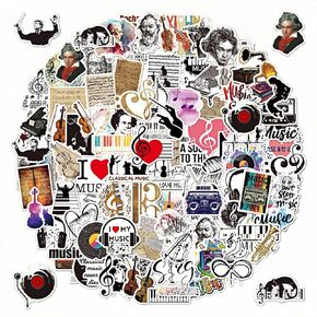 100 PCS Classical Music Stickers, Vinyl Decorative Decals with Musical Instruments, Notes, Composers,Sticker Packs Waterproof Reapplicable,Stickers for Water Bottles