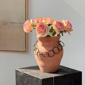 Rustic Ceramic Terracotta Brown Red Farmhouse Vase, 8.9 Inch Vintage Handmade Vase, Pottery Clay Distressed Decorative Flower Vase for Home Decor Living Room, Kitchen, Wabi-Sabi Decor