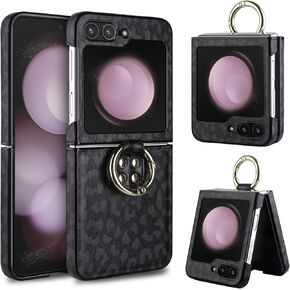 Vofolen for Samsung Galaxy Z Flip 5 Case with Ring [Hard PC+Soft PU Leather] Full Body Anti-Scratch Shockproof Protective Slim Flip 5 Phone Case for Samsung Galaxy Z Flip 5, 5G Leopard Black