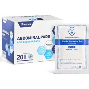 منصات البطن الماصة - 20 Pack5 x9 ABD Combo Pads ملفوف بشكل فردي | سوبر ماصة - لاتكس خالية ، غير لاصقة ، لصرف الصدمات وجروح الإسعافات الأولية