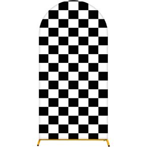 Arch Backdrop Cover 7.2FT Checker Monster Truck Birthday Party Decorations Arch Cover Spandex Fitted Circle Car Racing Arch Backdrop Covers for Kid Boys Let's Go Racing Party Supplies （Black & White）