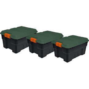 Rubbermaid Pack & Go 16 Gal Storage Tote, Durable Design and Easy to Transport, Built-In Handles, Tie Down Channels and Lockable Snap Tight Lid, Black Base, Green Lid and Orange Handles, Pack of 3