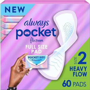 Always Pocket Feminine Pads with FlexFoam, Size 2, Heavy Flow, with Wings, Unscented, 60 Count