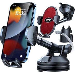 HTU Car Phone Holder Mount,【Flexible Telescopic Arm】 360°Rotatable Stand Dashboard Windshield Cellphone Mount for iPhone 16 15 14 13 12 Samsung Smartphone Truck, Dark Red