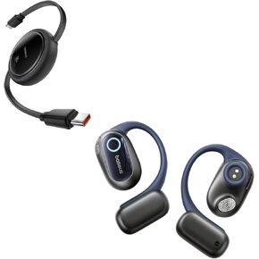 Baseus Mini 100W USB C Cable with Bowie MF1 Open-Ear Earbuds, Hi-Res Wireless Audio with LDAC, Rich Bass, Comfortable Silicone Cushion Design, 60H Play, AI Clear Calls, Waterproof