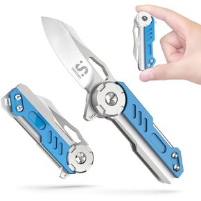 Mini EDC Folding Gentlemen's Knife with Stainless Steel Handle, 2.4oz Pocket Flipper Knife with M390 Steel 1.8" Blade for Hunting, Camping, Outdoor (Blue-Silver)