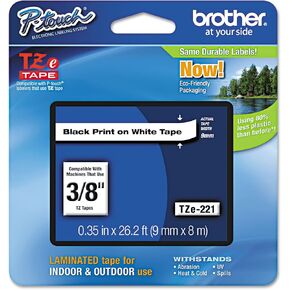 Brother P-Touch TZE221 TZe Standard Adhesive Laminated Labeling Tape, 3/8-Inch w, Black on White