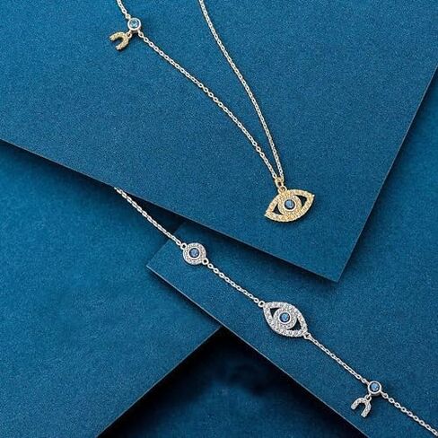 14K Gold Moissanite Evil Eye Necklace, Sapphire Necklace for Women, Evil Eye Pendant, Gift for Her in Kuwait