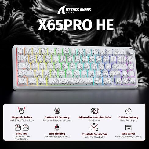 الهجوم Shark X65Pro هو لوحة مفاتيح الألعاب اللاسلكية السريعة ، 0.01 مم RT دقة 8 كيلو هرتز لوحة مفاتيح سلكية مع مفتاح مغناطيسي ، وضع ثلاثي ، تشغيل قابل للتعديل ، إضاءة RGB للكمبيوتر الشخصي/MAC/GAMER in Kuwait