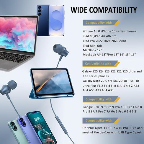 سماعات الأذن السلكية USB C منفذ سماعات الأذن داخل الأذن مضفر مع ميكروفون مدمج وحجم التحكم عن بُعد متوافق مع iPhone 16 و iPad Galaxy Android ومعظم أجهزة نوع USB C Blue in Kuwait