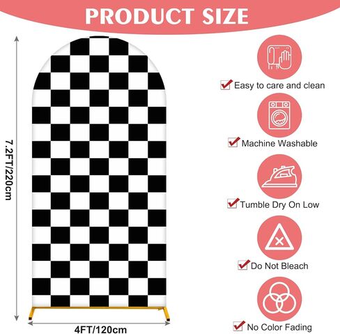 Arch Backdrop Cover 7.2FT Checker Monster Truck Birthday Party Decorations Arch Cover Spandex Fitted Circle Car Racing Arch Backdrop Covers for Kid Boys Let's Go Racing Party Supplies （Black & White） in Kuwait