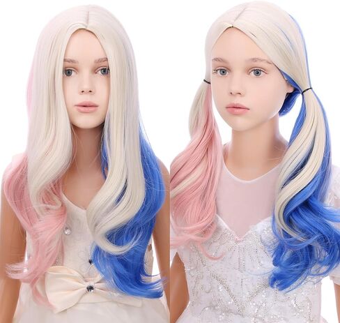 Kids Rainbow Wig Child Colorful Long Wavy Curly Wig Girls Multi-color Middle Part Wavy Wigs Synthetic Wigs with Wig Cap in Kuwait