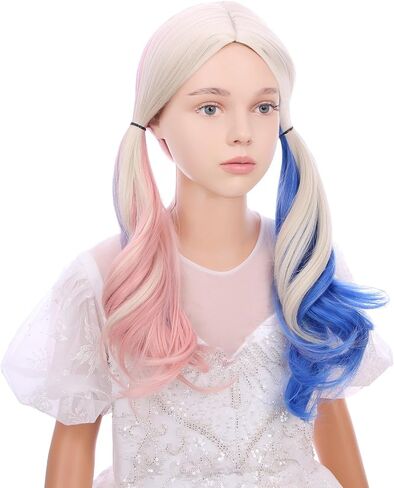 Kids Rainbow Wig Child Colorful Long Wavy Curly Wig Girls Multi-color Middle Part Wavy Wigs Synthetic Wigs with Wig Cap in Kuwait