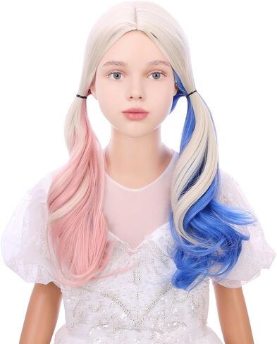 Kids Rainbow Wig Child Colorful Long Wavy Curly Wig Girls Multi-color Middle Part Wavy Wigs Synthetic Wigs with Wig Cap in Kuwait