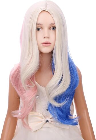 Kids Rainbow Wig Child Colorful Long Wavy Curly Wig Girls Multi-color Middle Part Wavy Wigs Synthetic Wigs with Wig Cap in Kuwait