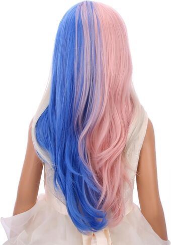 Kids Rainbow Wig Child Colorful Long Wavy Curly Wig Girls Multi-color Middle Part Wavy Wigs Synthetic Wigs with Wig Cap in Kuwait