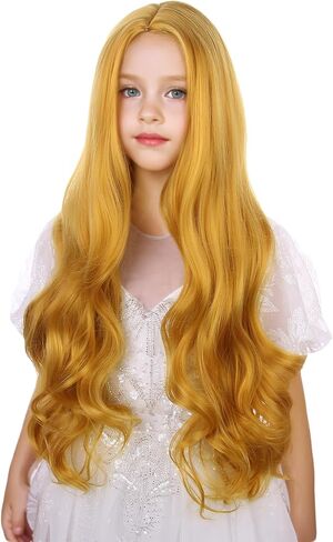 Kids Rainbow Wig Child Colorful Long Wavy Curly Wig Girls Multi-color Middle Part Wavy Wigs Synthetic Wigs with Wig Cap in Kuwait