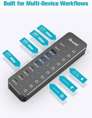 موزع USB يعمل بالطاقة، موزع ikuai 7 منافذ USB 3.2/USB C، مع منافذ 3X 10 جيجابت في الثانية (2 USB-C + 1 USB-A)، 4X 5 جيجابت في الثانية USB 3.0 منافذ، كابل بيانات 3.3 قدم، أزرار تعمل باللمس ومحول طاقة DC 5V لأجهزة الكمبيوتر المحمول in Kuwait