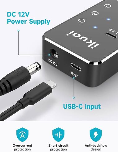 موزع USB يعمل بالطاقة، موزع ikuai 7 منافذ USB 3.2/USB C، مع منافذ 3X 10 جيجابت في الثانية (2 USB-C + 1 USB-A)، 4X 5 جيجابت في الثانية USB 3.0 منافذ، كابل بيانات 3.3 قدم، أزرار تعمل باللمس ومحول طاقة DC 5V لأجهزة الكمبيوتر المحمول in Kuwait