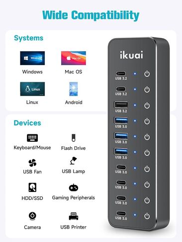 موزع USB يعمل بالطاقة، موزع ikuai 7 منافذ USB 3.2/USB C، مع منافذ 3X 10 جيجابت في الثانية (2 USB-C + 1 USB-A)، 4X 5 جيجابت في الثانية USB 3.0 منافذ، كابل بيانات 3.3 قدم، أزرار تعمل باللمس ومحول طاقة DC 5V لأجهزة الكمبيوتر المحمول in Kuwait