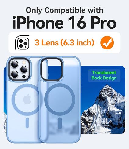 CANSHN Magnetic Compatible with iPhone 16 Pro Case [Compatible with Magsafe] [Translucent Matte] Slim Thin Shockproof Protective Bumper Phone Case Cover 6.3 Inch - Light Blue in Saudi Arabia