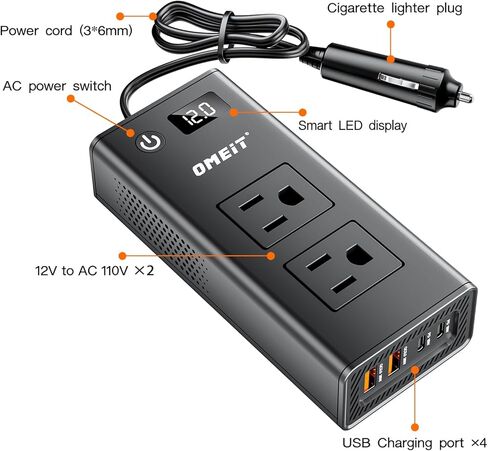 200W سيارة العاكس 12V إلى 110 فولت ، أوميت العاصمة إلى محول AC مع 20W USB-C و USB QC 36W شحن USB FAST ، منافذ AC المزدوجة ، محول شاحن السيارات السريع مع عرض LED ، Black in Kuwait