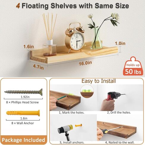 Floating Shelves for Wall, Wood Wall Shelves with Lip for Bedroom, Living Room, Kitchen, Office, 16 Inch Wall Mounted Storage Shelves for Room Decor Organizers Set of 4 (Walnut, 4Pack 16inch) in Kuwait