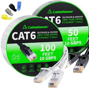 Cablegeeker Cat6 Flat 100ft White & Flat 50ft Cable Ethernet Cable