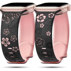 Band Compatible with Apple Watch Bands For Women 38mm 40mm 41mm 42mm(Series 10),2 Pack Cute Floral Engraved Silicone Inlay Dressy Strap for iWatch Series 10 9 8 7 6 5 4 3 2 1 SE