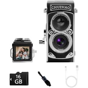 Vintage Mini Digital Camera, Portable TLR Style Retro Point and Shoot Compact Small Pocket 1080P FHD Video 12MP Autofocus Vlogging Camera with 16 GB Card for Beginners Teens Adults Kids Black