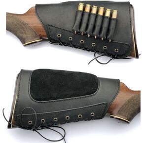 Real Leather Buttstock Rifle Cartridges Ammo Holder Carrier Cover Suede Padded Cheek Rest - 6 Rounds