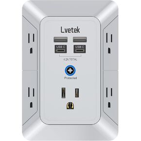 USB Wall Charger，LVETEK Surge Protector 5 Outlet Extender with 4 USB Ports (1 USB C Outlet) 3 Sided 1680J Power Strip Multi Plug Outlets Wall Adapter Spaced for Home Travel Office ETL Listed
